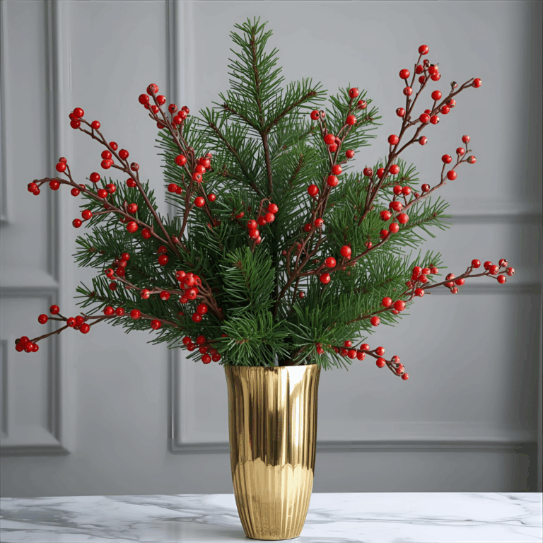 christmas decor, pine leaves and red cherry