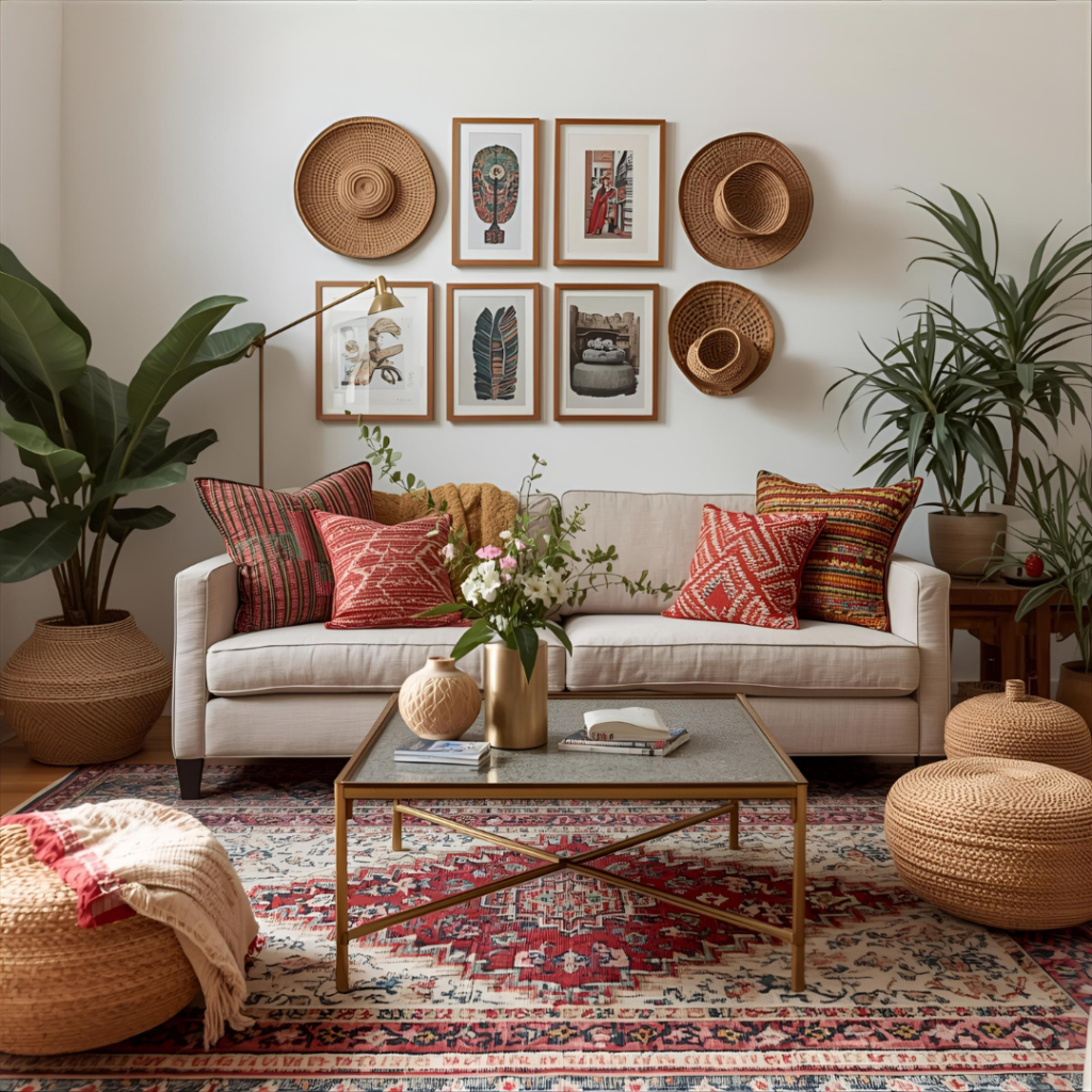 travel inspired boho theme living room decor. Interior design 